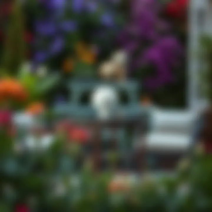 Elegant outdoor accent table set against a vibrant garden backdrop