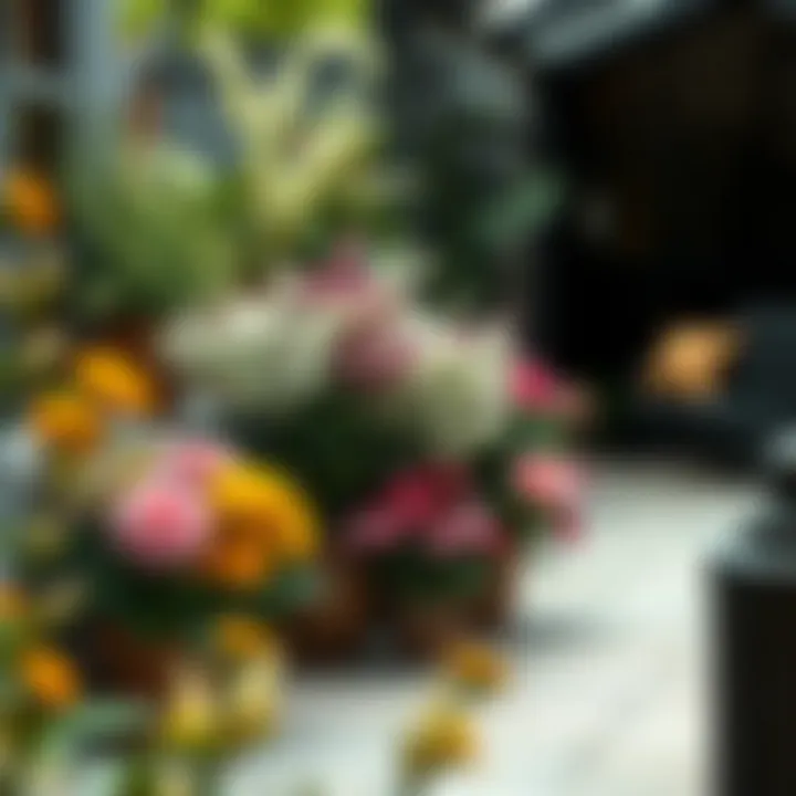 Realistic Artificial Flowers on Patio Variety of realistic artificial flowers displayed on a patio