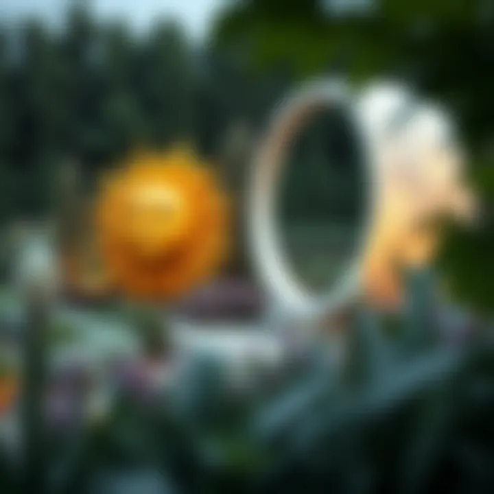 A beautifully landscaped garden with extra large sun and moon art pieces, enhancing the overall aesthetic.