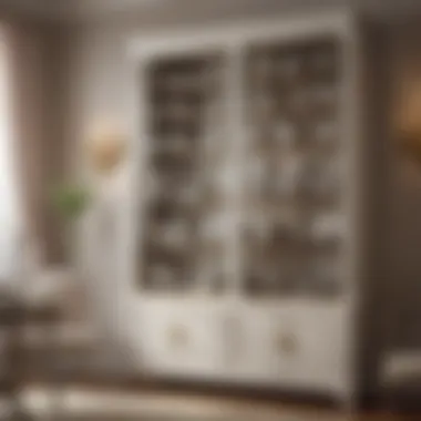 Interior view of a tall china cabinet with decorative items