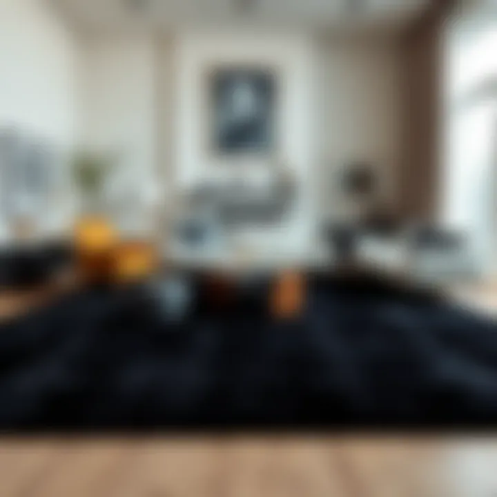 Large dark rug contrasting with light furniture in a modern space