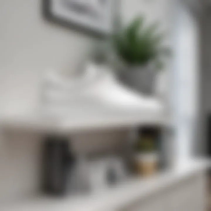 Stylish white sneaker shelf integrated into modern decor