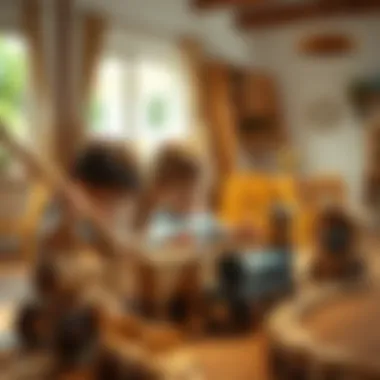 Children playing with wooden trains, highlighting their developmental role