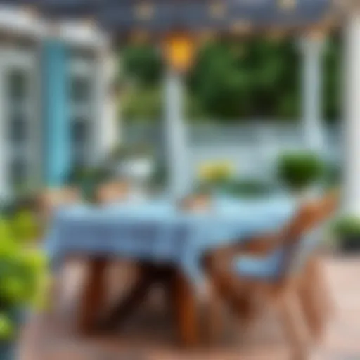 Elegant outdoor setting featuring a blue check plastic tablecloth