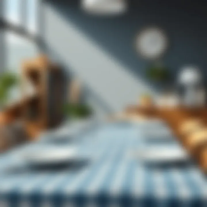 Stylish arrangement of a dining table set with a blue check plastic tablecloth