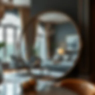 Elegant round mirror reflecting a stylish living room