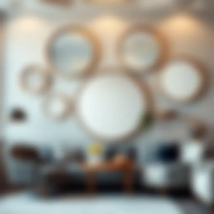 Stylish room featuring multiple round mirrors enhancing space