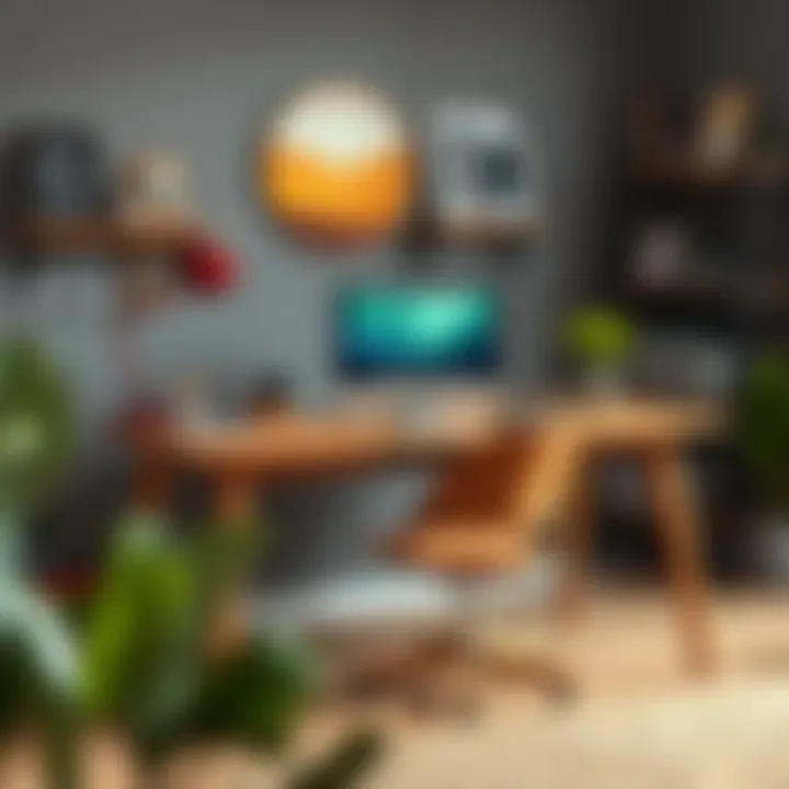 A well-organized workspace with a 30 x 60 wood desk