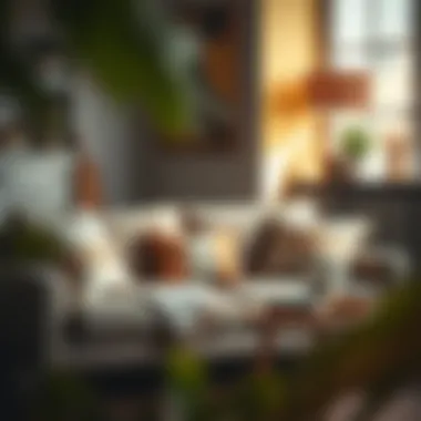 A cozy second-hand sofa with decorative throw pillows and accessories