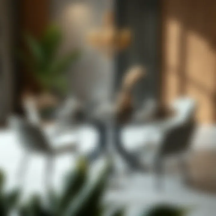 Circular glass dining table set with unique decorative elements and tableware