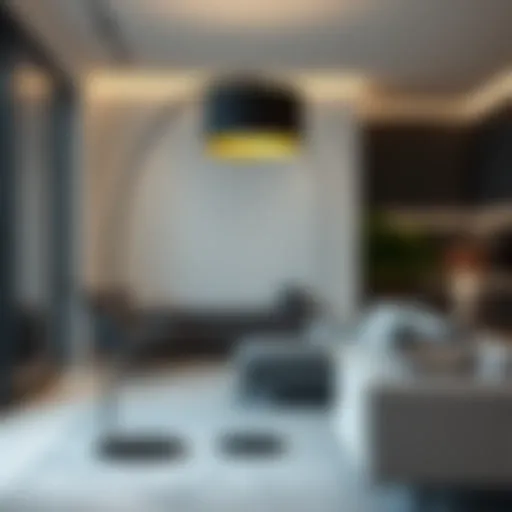 Elegantly designed arc floor lamp with a black shade illuminating a modern living room