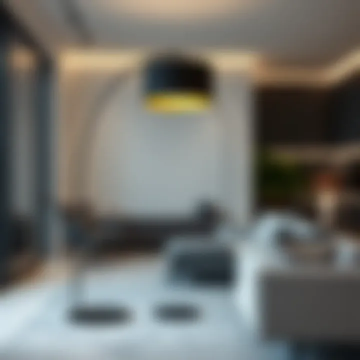 Elegant Arc Floor Lamp in Modern Living Room Elegantly designed arc floor lamp with a black shade illuminating a modern living room