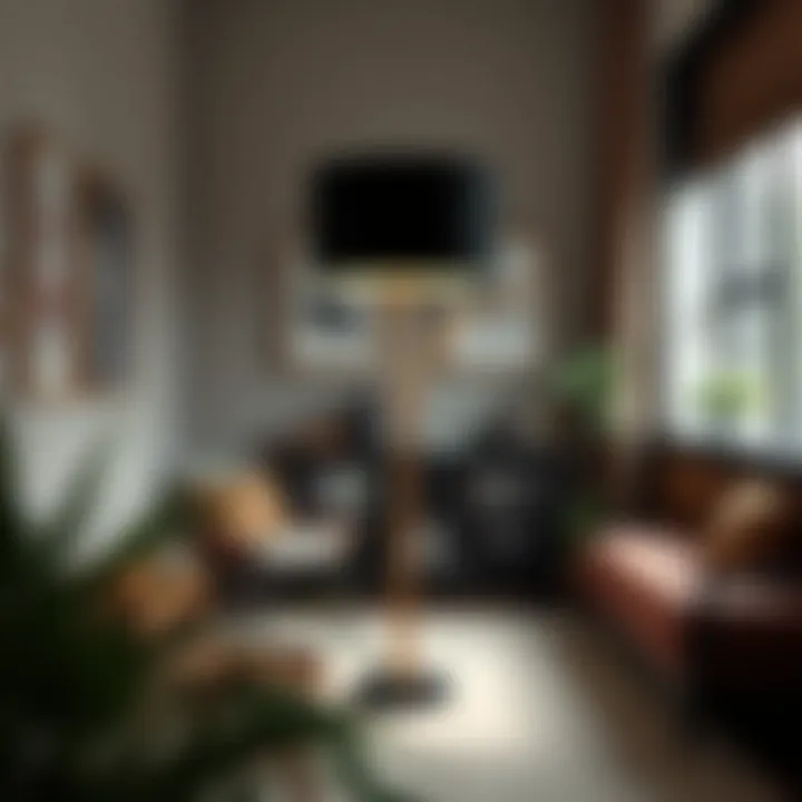 Arc Floor Lamp in Cozy Reading Nook Stylishly placed arc floor lamp with black shade in a cozy reading nook