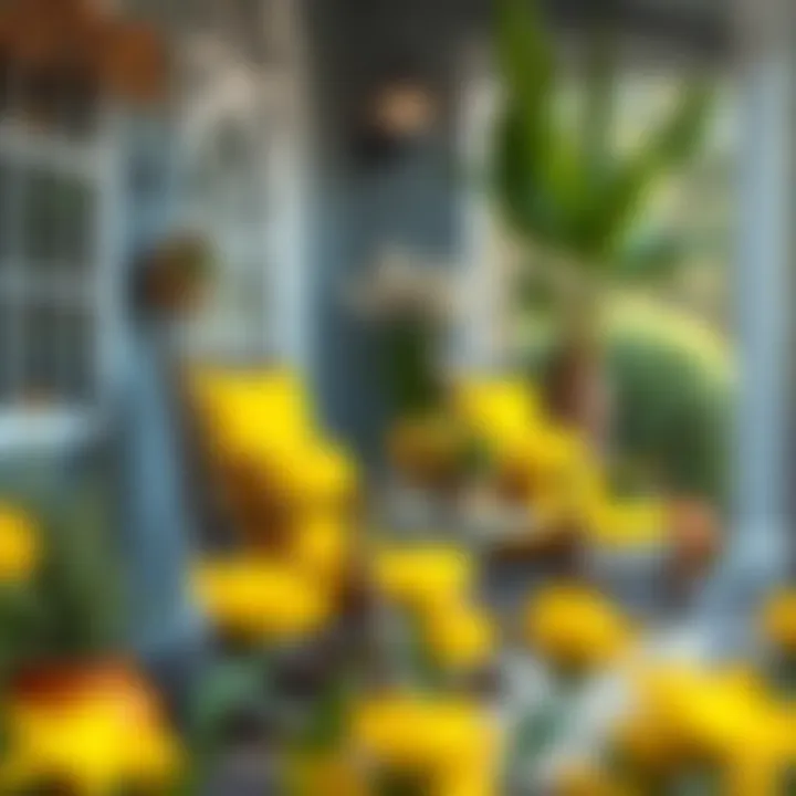 Stylishly decorated outdoor space featuring yellow rocking chair cushions