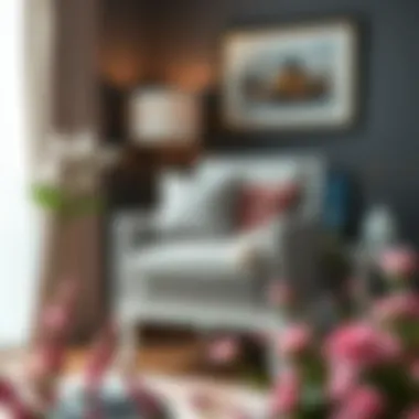 Gray and white accent chair styled with decorative pillows