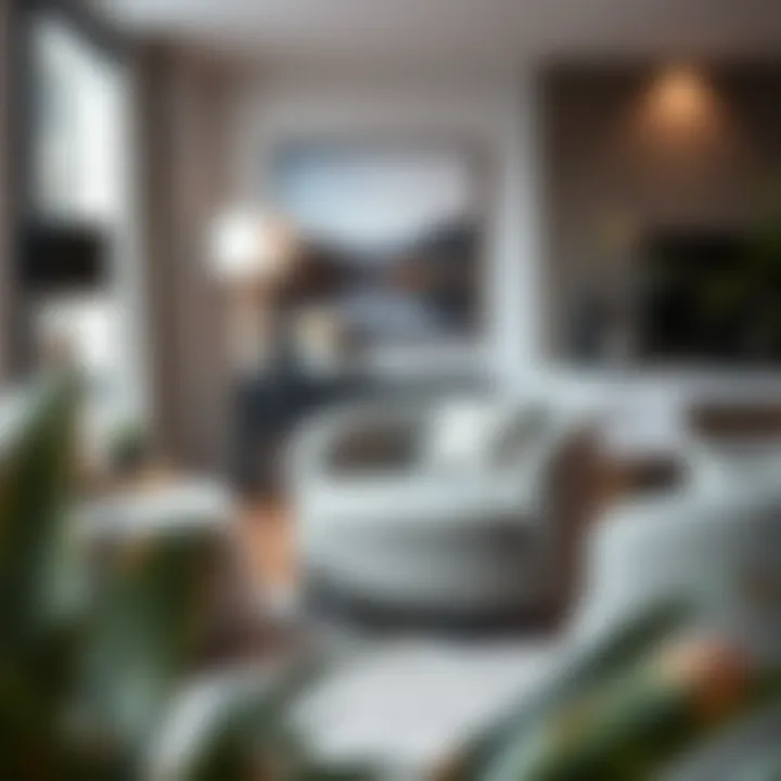 Stylish gray and white accent chair in a modern living room setting