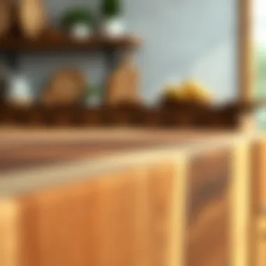 Close-up of a butcher block island displaying various wood textures