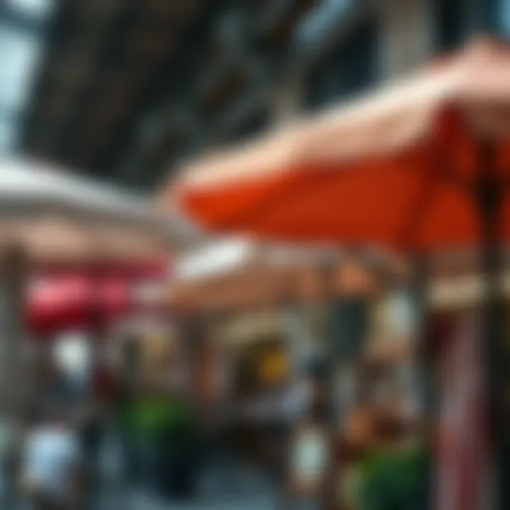 Various cantilever umbrellas displayed in a local market, showcasing options