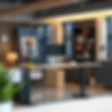 An ergonomic standing desk setup in a modern office environment.