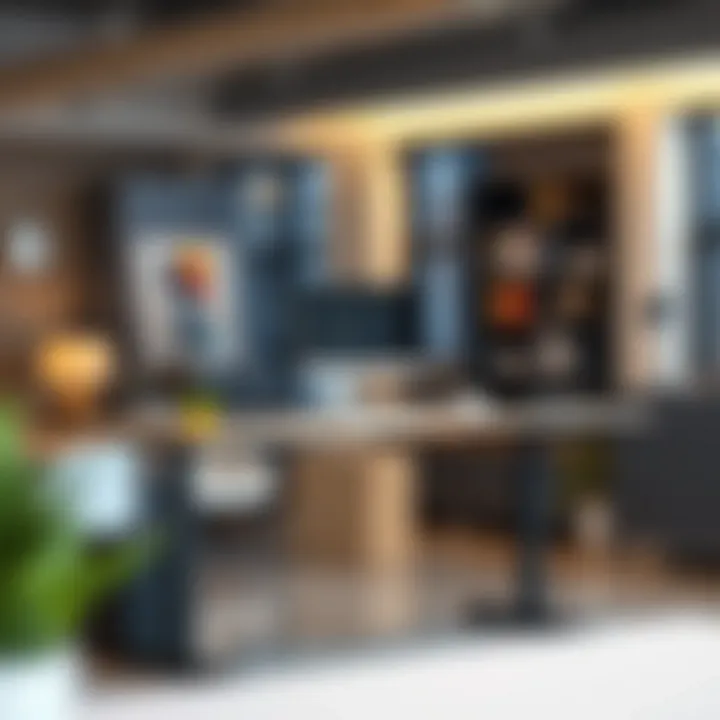 An ergonomic standing desk setup in a modern office environment.