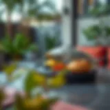 Stylish outdoor food tray with a cover set on a patio table