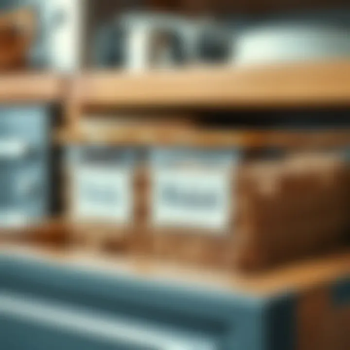 Close-up of a customized kitchen drawer basket with labels and organization
