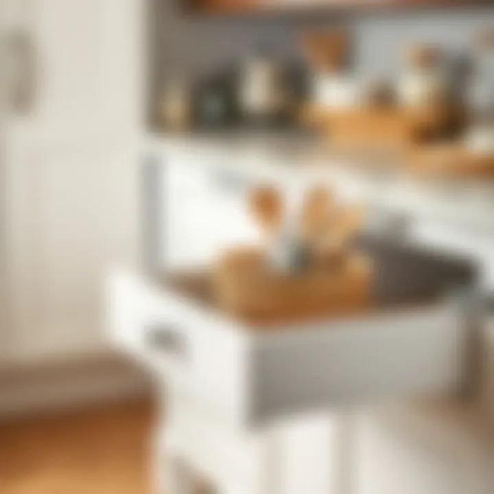 Stylish kitchen drawer with a woven basket filled with utensils