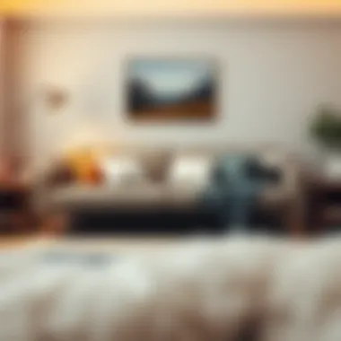 A cozy sofa bed setup with decorative pillows and throws