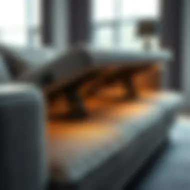 Close-up of a sofa bed's transforming mechanism showcasing its functionality