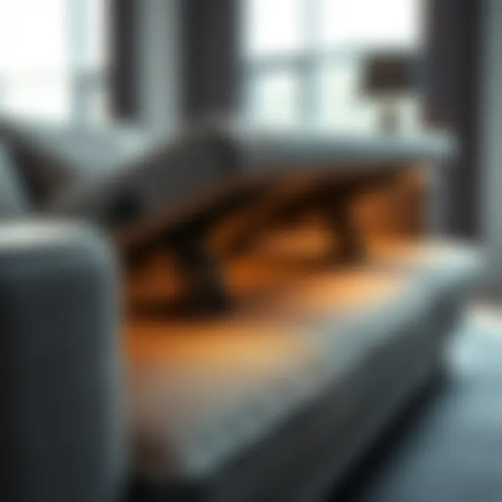 Close-up of a sofa bed's transforming mechanism showcasing its functionality