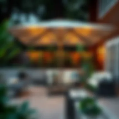 Beautifully arranged outdoor space featuring a 12 foot square patio umbrella