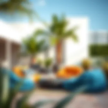 Stylish outdoor lounge area featuring chaise lounge bean bags