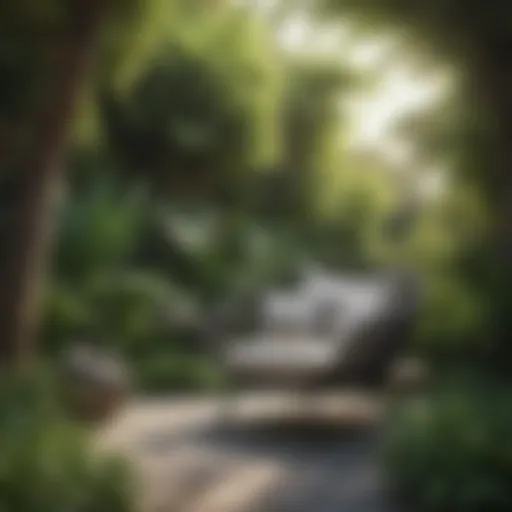Modern outdoor corner lounge chair in a lush garden setting