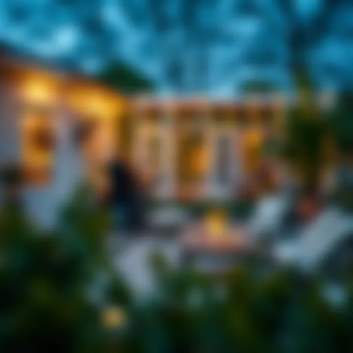 Charming outdoor patio illuminated by small LED candle lights creating a romantic atmosphere