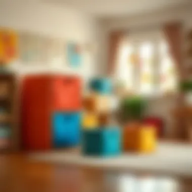 Colorful eleven-inch cube bins arranged in a children's playroom