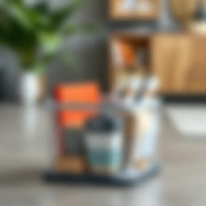 Functional eleven-inch cube bin with organizational items inside