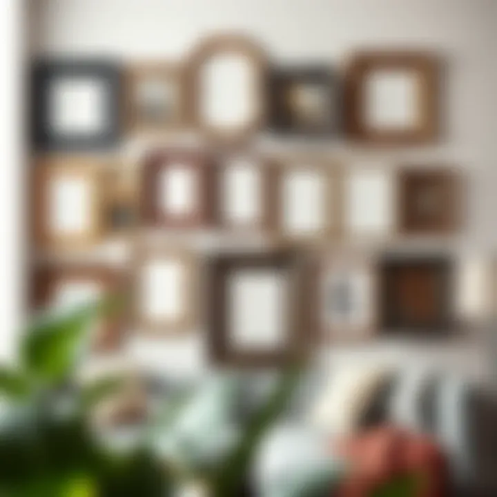 Diverse styles of picture frames arranged artistically