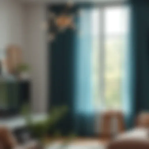 Elegant teal sheer curtain draping in a modern living room