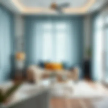 Stylish living room with teal sheer curtains and decorative elements