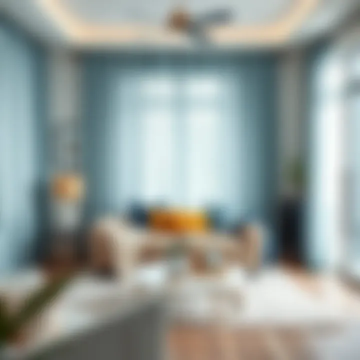 Stylish living room with teal sheer curtains and decorative elements