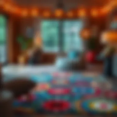 Colorful patterns on a 5 x 7 washable rug in a cozy space