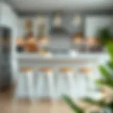 Stylish white metal bar stools featuring wood seats in a modern kitchen