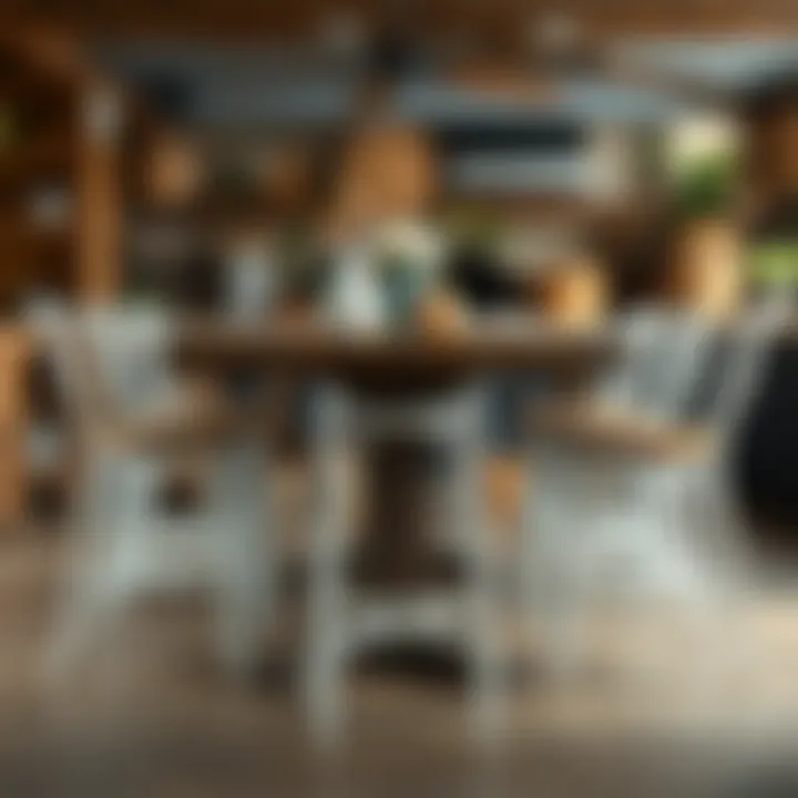 Aesthetic arrangement of white metal bar stools with wood seats around a rustic dining table