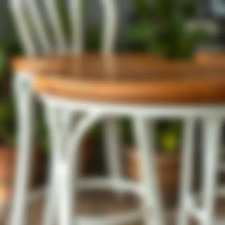 Close-up of the wood seat showcasing natural grain on a white metal bar stool