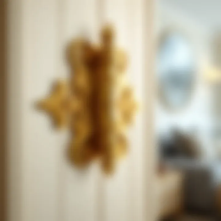 Elegant gold cabinet door hinge showcasing intricate design