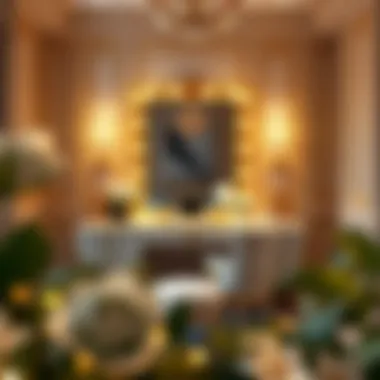 Luxurious makeup station with gold accents and plush seating