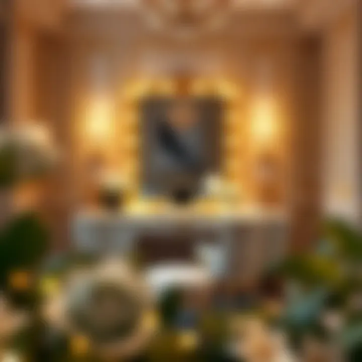 Luxurious makeup station with gold accents and plush seating