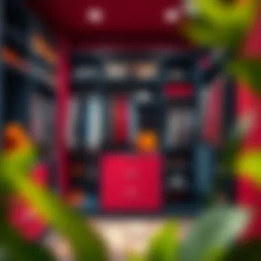 Bold and colorful walk-in closet showcasing diverse materials and creative storage solutions.