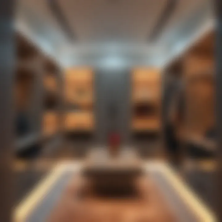 Luxurious minimalist walk-in closet featuring sleek shelving and ambient lighting.