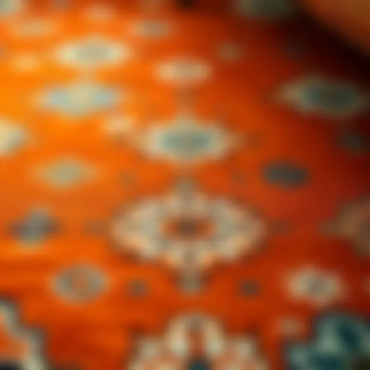 Close-up of intricate patterns on a burnt orange rug